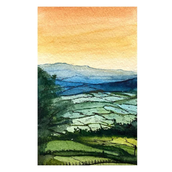 Landscape sketch. High view and rural style. A watercolor hand drawn illustration. Colorful bright. Isolated on white background. Abstract picture for design, posters, cards, canvas and stationery.