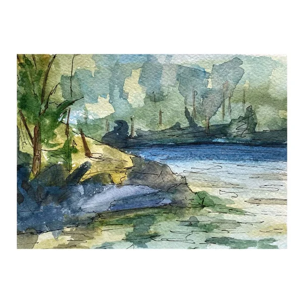 森のスケッチ 公園や湖の水彩手のイラストを描いた カラフルな明るい 緑の葉 白い背景に隔離されている デザイン ポスター カード キャンバス 文房具のアブストラクト画像 — ストック写真