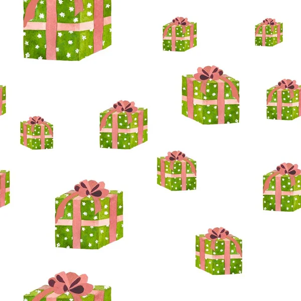 Groene Geschenkdoos Met Roze Lint Witte Achtergrond Groot Een Aquarel — Stockfoto