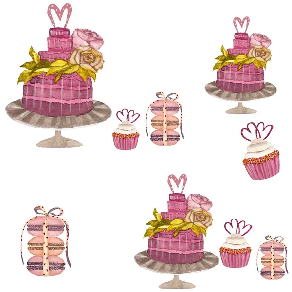 Sweet Cake Watercolor Pattern Large Cupcakes Cakes Muffins Watercolor Illustration — Stock Photo, Image