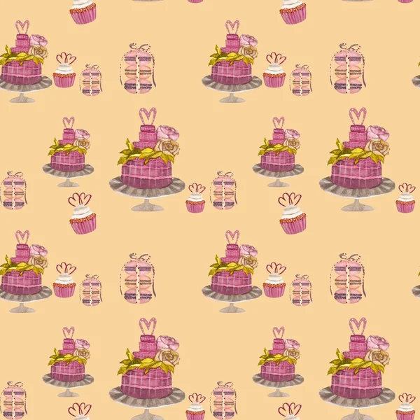 Ein Cupcake Und Muffins Aquarellmuster Beige Eine Aquarell Illustration Verwenden — Stockfoto