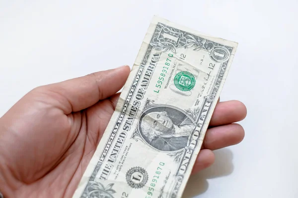 Man Holding Dollar Bill His Hand One Dollar Bill Highlighted — Stok Foto
