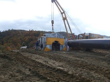 A line pipe on Cross-country pipeline installation through mountains southeastern Europe, Albania