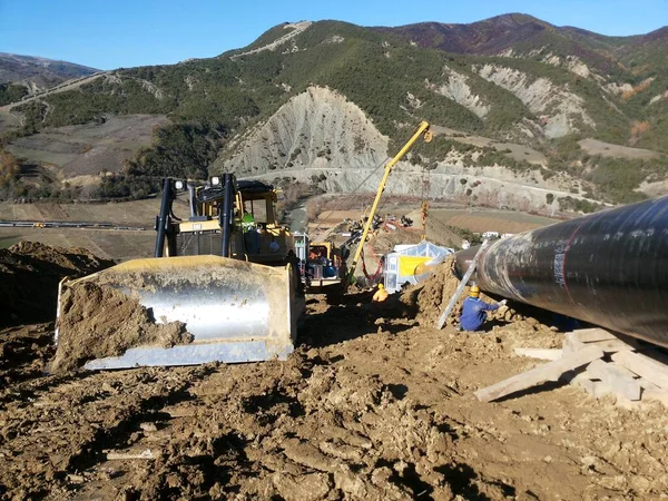 A line pipe on Cross-country pipeline installation through mountains southeastern Europe, Albania