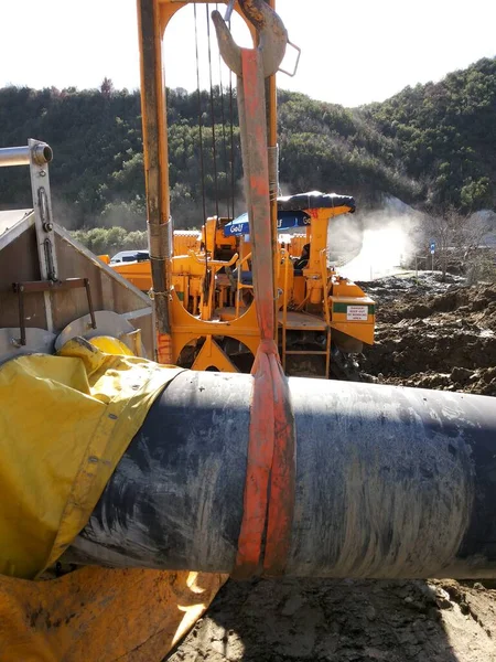 A line pipe on Cross-country pipeline installation through mountains southeastern Europe, Albania