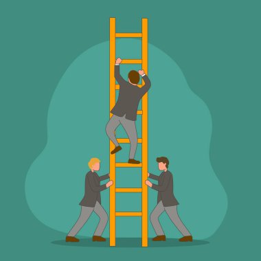 Simple Vector illustration drawing of team members support their leader to climb the ladder to reach the sky to reach success. Trendy business teamwork concept. Modern design vector illustration