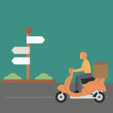 Vector illustration background about courier riding scooter with box package. Online shopping. Online delivery service. Fast delivery parcel concept.Graphic design vector illustration