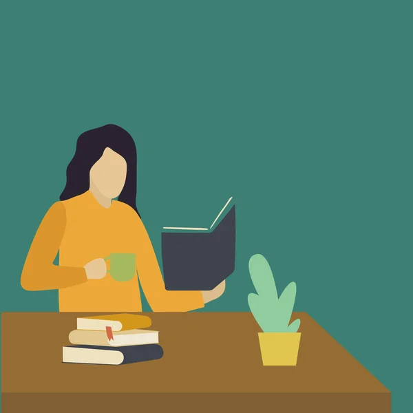 Vector illustration background of young happy female office worker leaning on the chair while reading a novel story. Relaxing drinking tea while reading a book concept. Graphic design vector