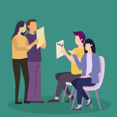 Vector illustration background of young happy business man holding coffee mug while reading tabloid headline news at hotel lobby. Relax drinking tea concept. Graphic design vector illustration