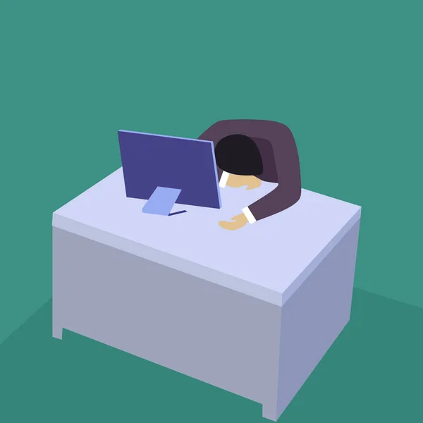 Vector illustration background of young tired male employee sleeping on the work desk with the computer. Hard work male employee.Work overload fatigue concept. Graphic design vector illustration