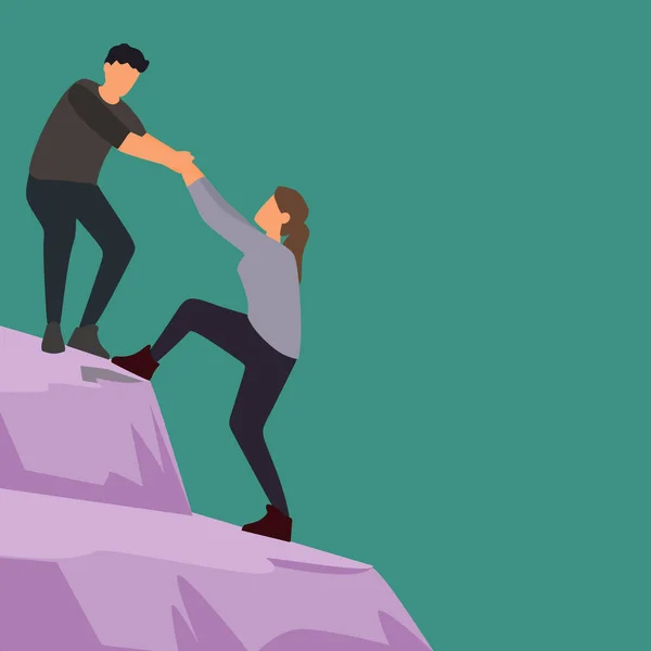 Vector illustration background of young male energetic businessman holding hands his partner to help climbing the hill. Trendy young teamwork support concept Graphic design vector illustration
