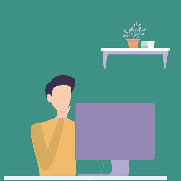 Adobe Illustrator Artwork Vector illustration background of young start up CEO sitting in front of computer and thinking seriously at the office. Thinking how to solve problem concept Graphic design vector illustration