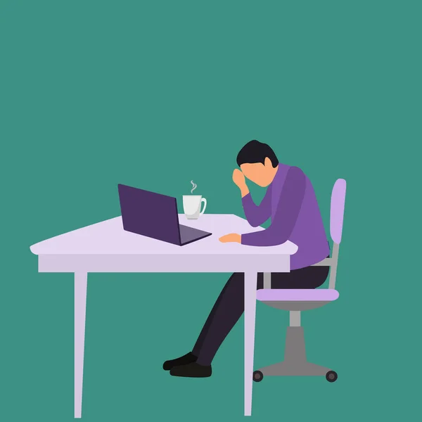 Vector illustration background of young tired businessman feels dizzy while he is working at the office. Work fatigue after overload job. Employee Work stress concept. design vector illustration