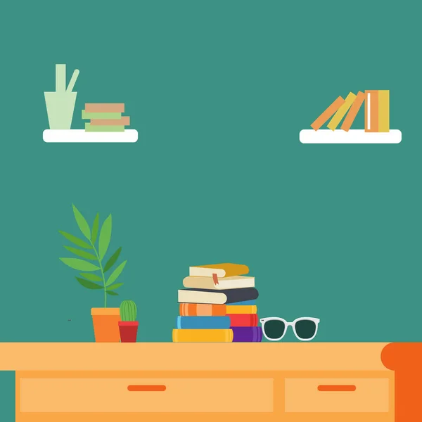 Vector illustration background of pile of books and sun glass on office desk. Work space table with books stack concept. Simple design vector illustration