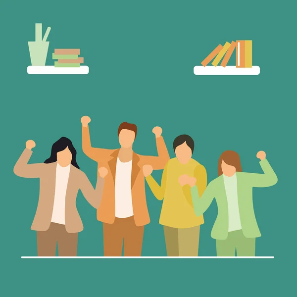 Vector illustration background of young happy male and female executive managers line up neatly on office room together. Business teamwork celebration concept Simple design vector illustration