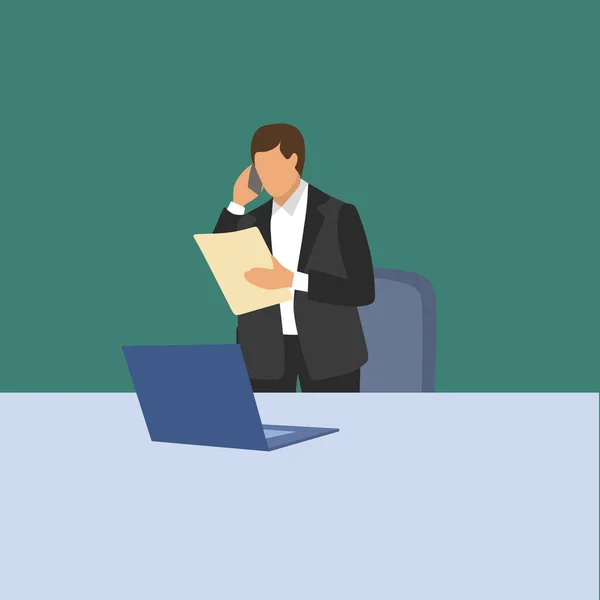 Simple Vector illustration drawing of young marketing manager reading sales report from sales division during receiving a phone call. Company report concept. Modern design vector illustration