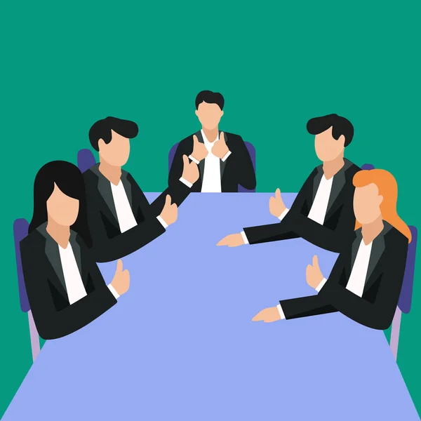 Simple Vector illustration drawing of young happy businessmen and businesswomen sitting on the same desk together giving a thumbs-up gesture. Business meeting concept. Vector design illustration