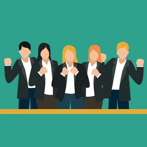 Simple Vector illustration drawing of a group of businessmen and businesswomen line up celebrates their successful project while fisting hands. Business teamwork concept. Modern design vector