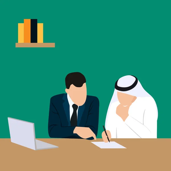 Simple Vector illustration drawing of Multicultural businessmen looking at contract at the office desk. mutually beneficial business cooperation. Modern design vector illustration