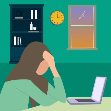 Simple Vector illustration drawing of Working Stress. Portrait Of Upset Islamic Woman In Hijab Sitting At Desk With Laptop, Tired After Work On Computer At Home, Muslim Lady Feeling Exhausted.