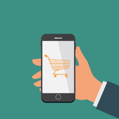 Simple Vector illustration background about hands holding smart phone with shopping cart image and touching screen. Digital lifestyle, internet, and gadgets concept. Modern design vector illustration