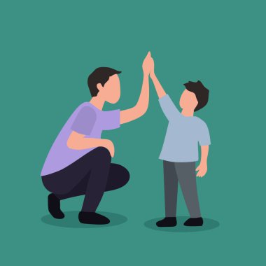 Vector illustration background of a young father giving high five cues to son for successful school achievement, parenting time. Happy Family parenting concept.Simple design vector illustration