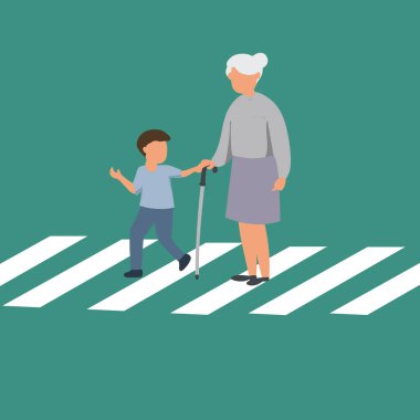 Vector illustration background of polite boy help grandmother cross street. Well-mannered child assistance to the aged woman. Kid and elderly female go on crosswalks together. Simple design vector