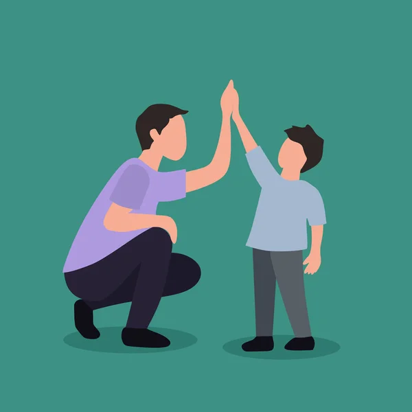 Vector illustration background of a young father giving high five cues to son for successful school achievement, parenting time. Happy Family parenting concept.Simple design vector illustration