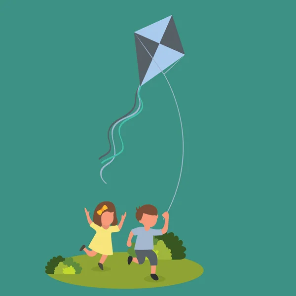 Vector illustration background of little boy and girl flying kite. Siblings playing together. Kids playing kite in the playground. Children with kites game and they look happy. Simple design vector