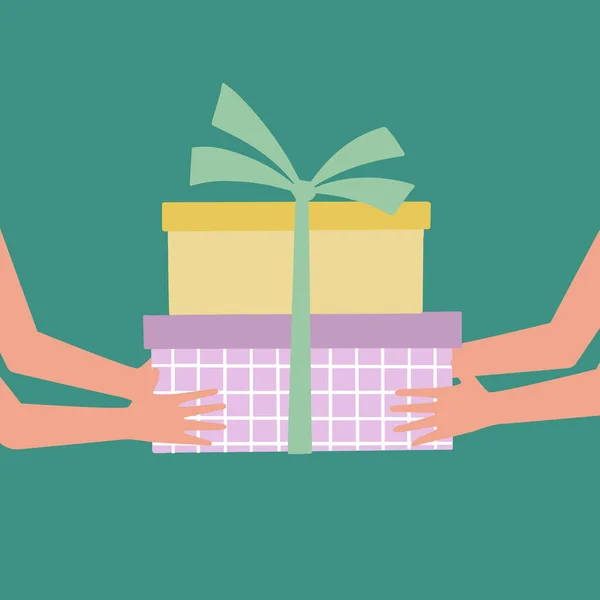 Vector illustration background of the couple holding packaged present together. Romantic surprise gift box. Birthday presents cardboard box with ribbon. Simple design vector illustration