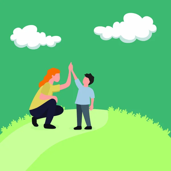 Simple Vector illustration background about young mother giving high five to her son for a successful achievement, parenting vector illustration. Happy family playing together concept. Modern design