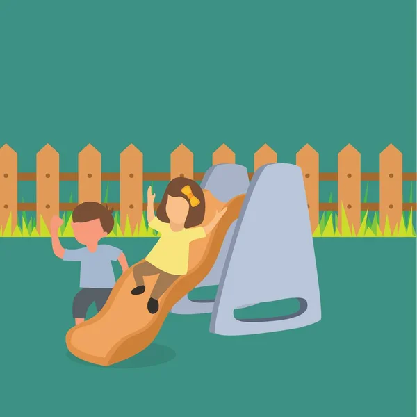 Simple Vector illustration background about preschool kids playing together in kindergarten. Little girl sliding down the slide and smiling boy seeing her on side of slide. Modern design vector
