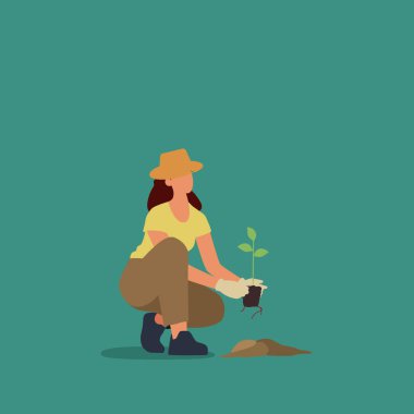 Vector illustration background of young male farmer planting plant shoots in the ground. Start the planting period. happy planting. Minimalism metaphor concept. Simple design vector illustration
