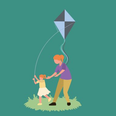 Simple Vector illustration background about young mother and her daughter playing to fly kite up into the sky at outdoor field. Happy family parenthood concept. Modern design vector illustration