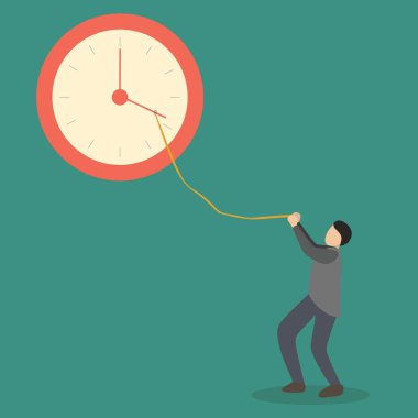 Simple Vector illustration background about young male worker pulling clockwise of big analog wall clock with rope. Time management business minimalist concept. Modern design vector illustration