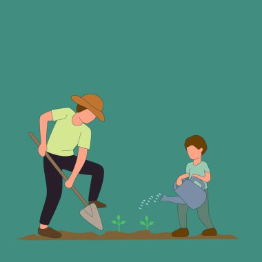 Simple Vector illustration of dad digging ground using shovel and son watering a plant at home garden. Happy family parenthood concept. Happy Farmer. line art modern design vector illustration