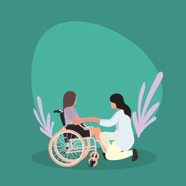 Simple Vector illustration background about young doctor visiting and handshaking the old patient with wheelchair in the hospital. Health care service concept. Modern design vector illustration