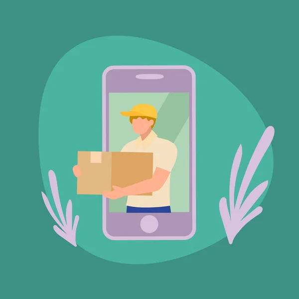 Simple Vector illustration background about male courier delivers box package, through a smart phone screen. E-commerce. Online delivery service. Fast delivery parcel concept.Modern design vector