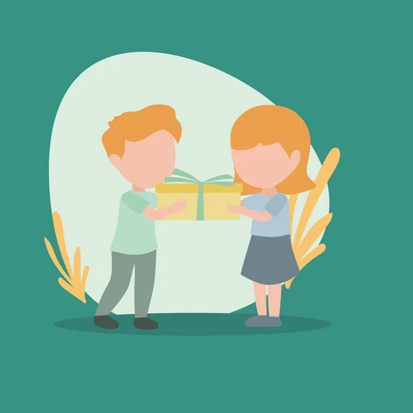 Simple Vector illustration background about boy kid giving girl birthday ribbon bow gift box. Children are excited to receive a gift from a friend. Child hand over holiday present. Modern design
