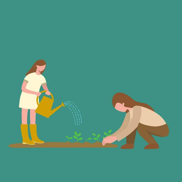 Simple Vector illustration background about young happy daughter help her mom watering the planted plant on ground vector illustration. Happy family parenting concept.Modern design vector illustration