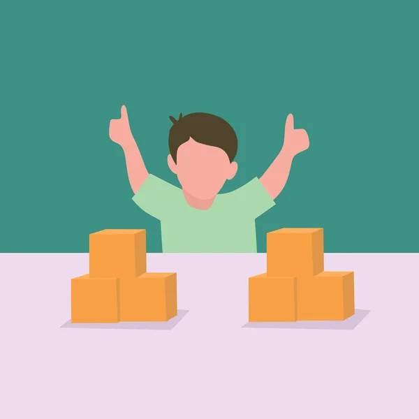 Simple Vector illustration background about a young happy boy playing a stack of puzzle blocks on a table and giving thumbs-up gestures in the kindergarten class. Modern design vector illustration