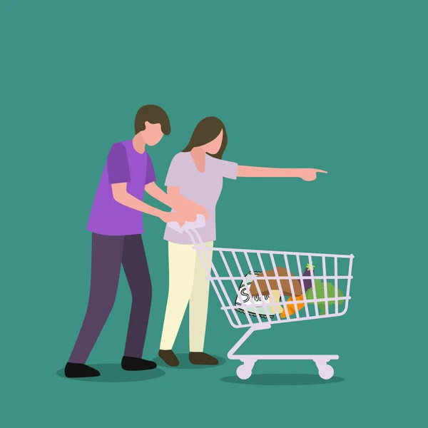 Simple Vector illustration background about happy young couple pushing trolley when shopping daily goods at the supermarket. Buying monthly organic product concept. Modern design vector illustration
