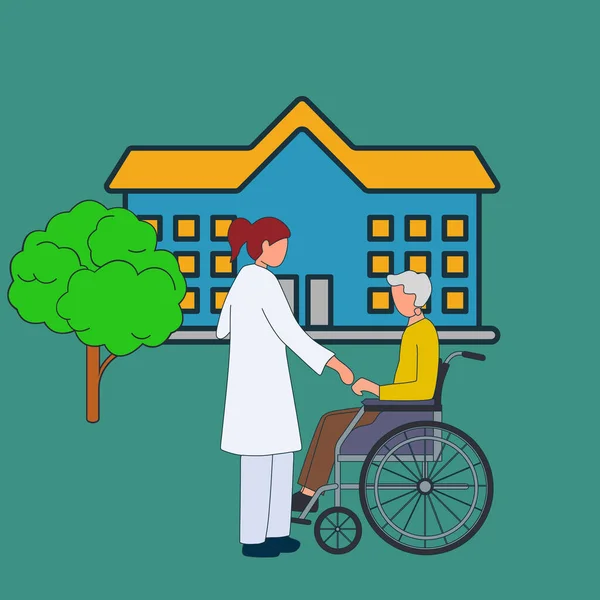 Simple Vector illustration young female doctor visiting and handshaking the patient with wheelchair in the hospital. Line art modern design vector illustration