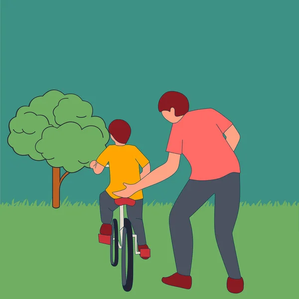 Simple Vector illustration of a young son learning to ride a bicycle with his father at an outdoor park. Parenthood lesson. Family time concept. line art modern design vector illustration