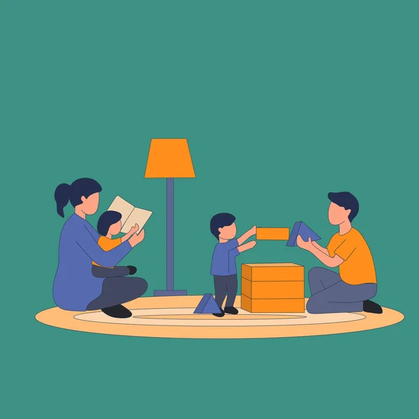 Simple Vector illustration background about a young mother reading a book to daughter and father playing block puzzle house with son at home. Happy family parenting concept. Modern design vector