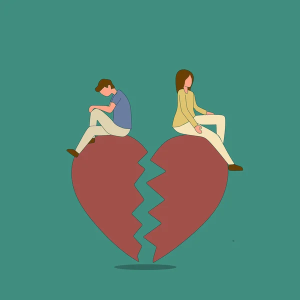 Simple Vector illustration of the relationship breaks up, broken heart, couple facing the opposite direction. Couple sitting on the big broken heart shape. line art modern design vector illustration