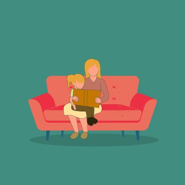 Simple Vector illustration of a young mother sitting on the sofa hugging her daughter and reading a storybook at home. Happy family parenting concept. line art modern design vector illustration