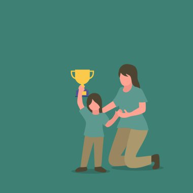 Simple Vector illustration drawing of young mom congratulates her daughter who wins first place trophy at study competition. Happy family parenthood concept. Modern design vector illustration
