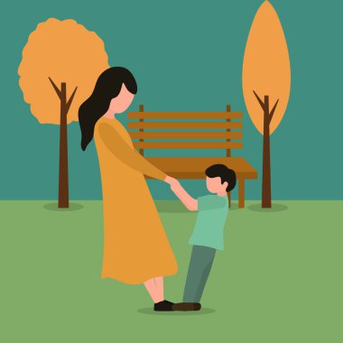 Simple Vector illustration drawing of young happy mom and her son holding hands and dancing together graphic vector illustration. Parenting education. Family parenthood concept. Modern design vector