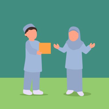 Simple Vector illustration drawing of young Muslim boy giving a present gift to sister. Eid Mubarak greeting card, banner, and poster. Muslim brotherhood concept. Modern design vector illustration